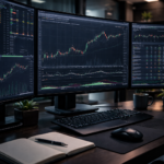 Multi-screen computer setup displaying financial market charts and analysis
