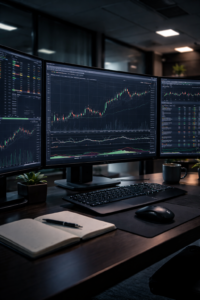 Multi-screen computer setup displaying financial market charts and analysis