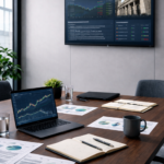 Laptop with printed financial charts and market news representing financial market analysis