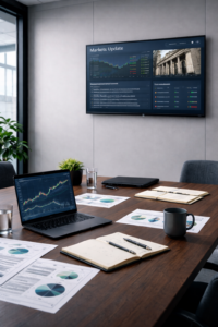 Laptop with printed financial charts and market news representing financial market analysis