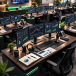 Workstations with laptops and financial charts representing the financial market training team