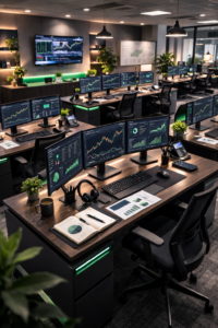 Workstations with laptops and financial charts representing the financial market training team