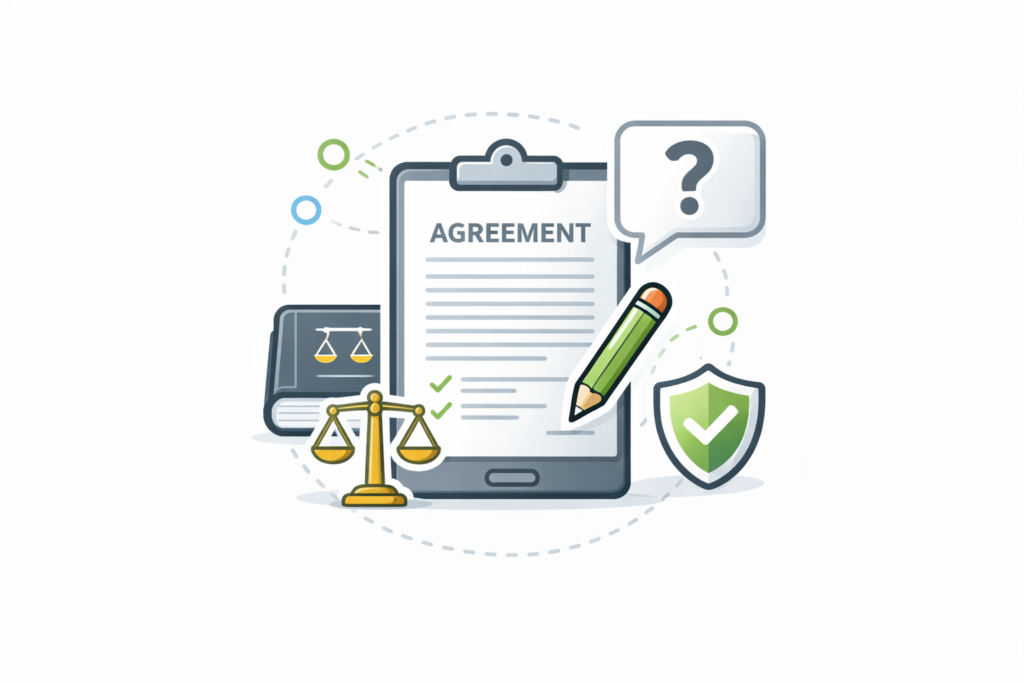 Client reviewing service agreement terms and conditions with support assistance