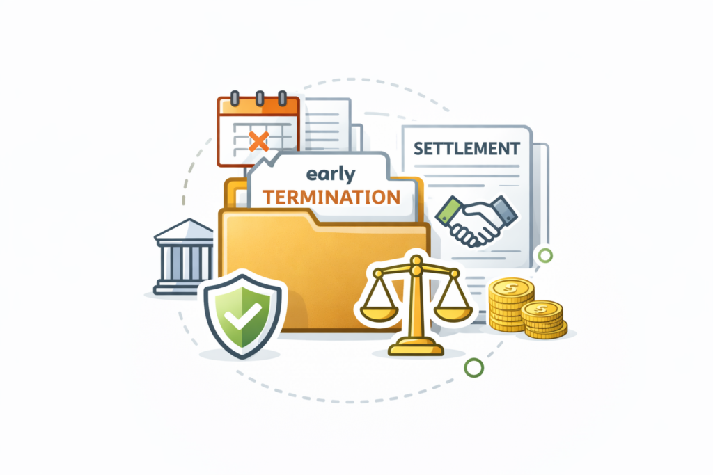 Early termination and settlement process for client service agreements and account resolution