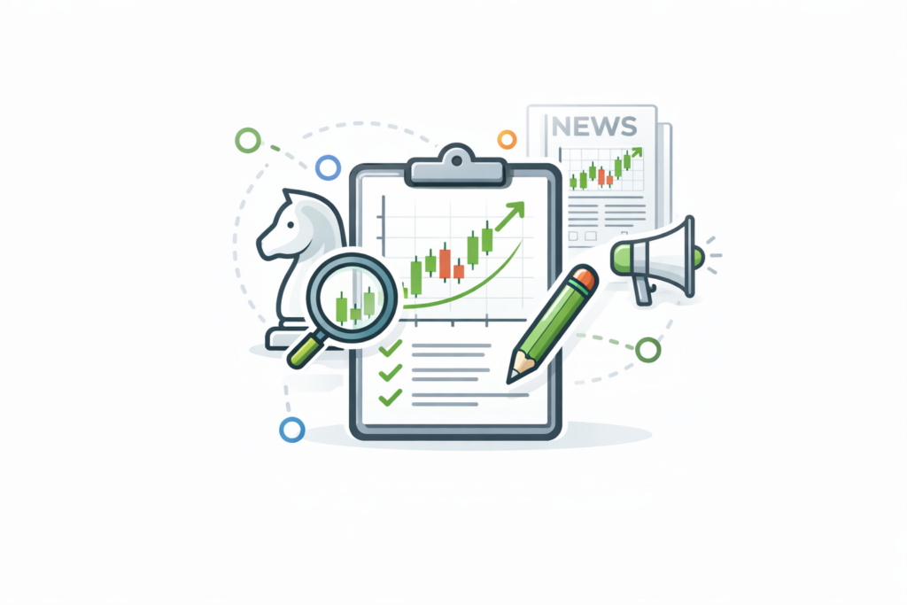Market analysis with stock charts, trading strategy review and financial news insights