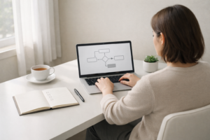 A calm person working on a laptop with a simple chart in a clean and minimal workspace.
