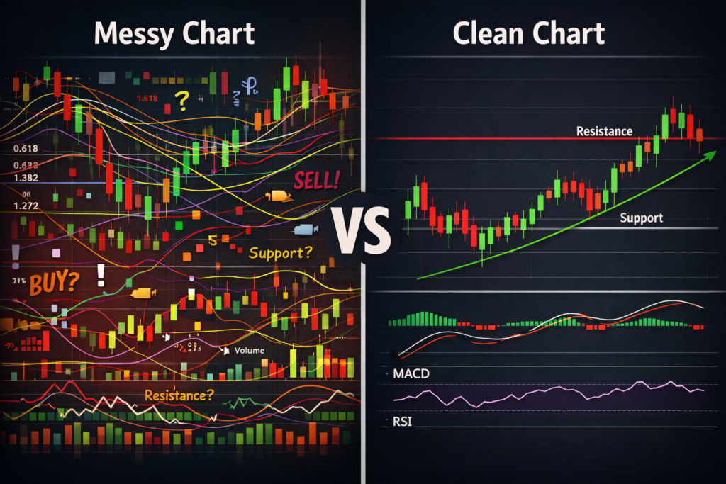 Side-by-side comparison of a cluttered trading chart full of indicators versus a clean chart showing support and resistance levels.