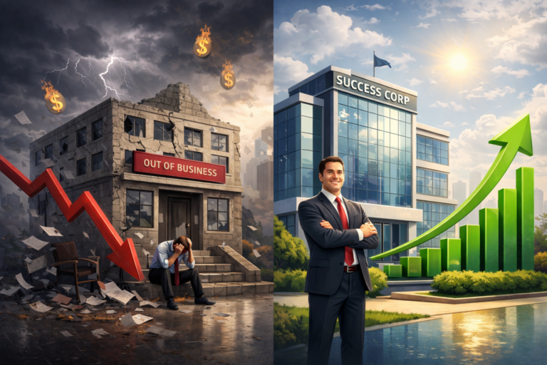 Split image of failing business and successful company growth representing impact of inflation on businesses