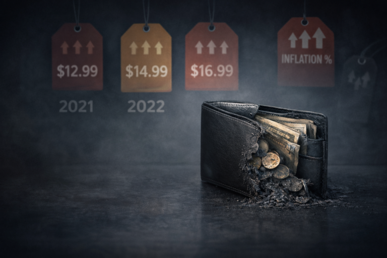 Wallet losing value with rising price tags illustrating inflation reducing purchasing power over time