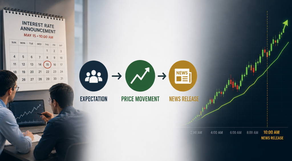 Traders analyse an upcoming interest rate announcement while the market moves higher before the official news release.