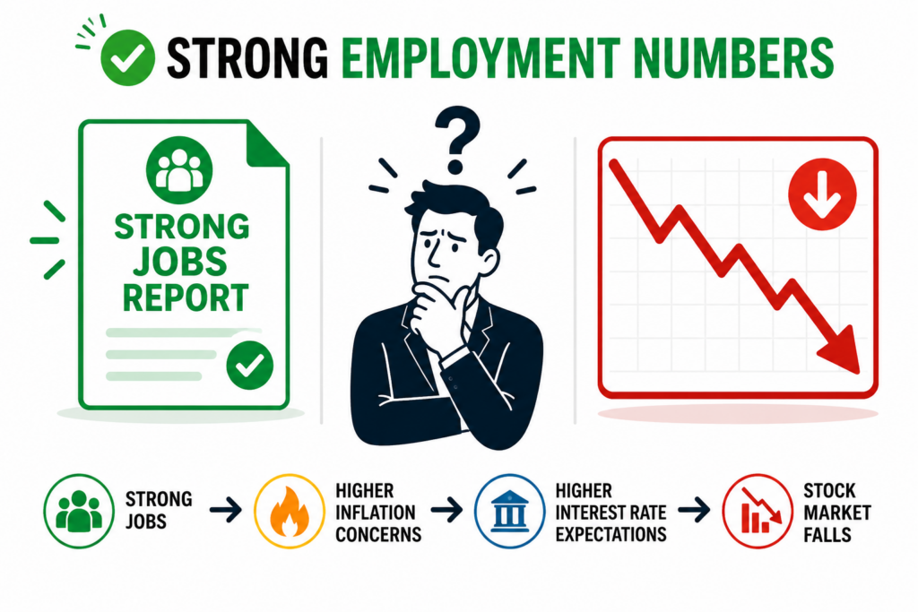Strong employment report on one side, a falling stock market chart on the other, and a confused investor in the centre questioning the market reaction.