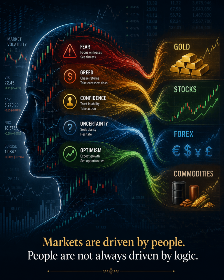 Illustration of a human head made from financial charts showing emotions such as fear, greed, confidence, uncertainty, and optimism flowing into different financial markets including gold, stocks, forex, and commodities.